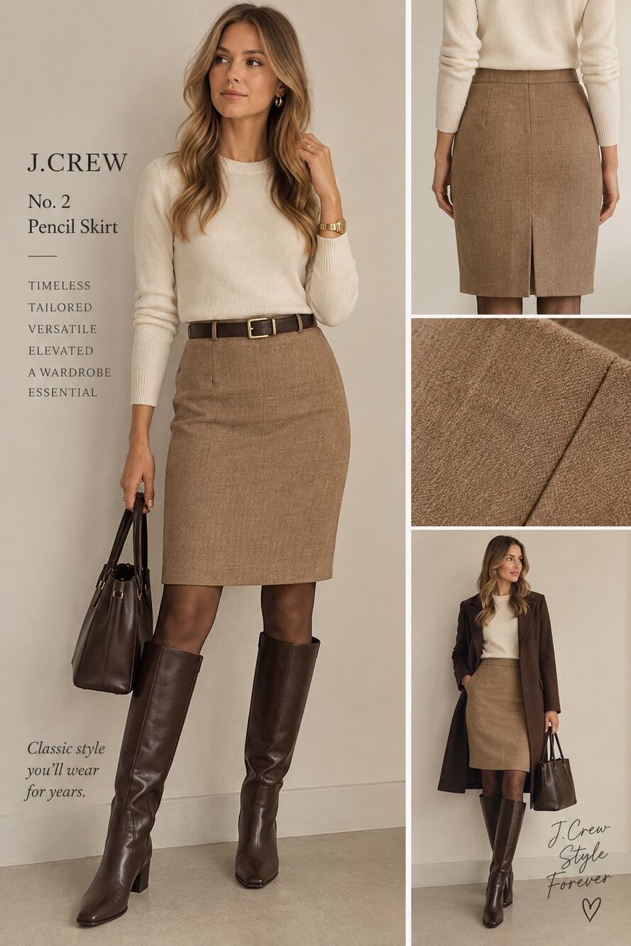 J.Crew No. 2 Pencil Skirt 2P Camel 100% Double Serge Wool Quiet Luxury Petite